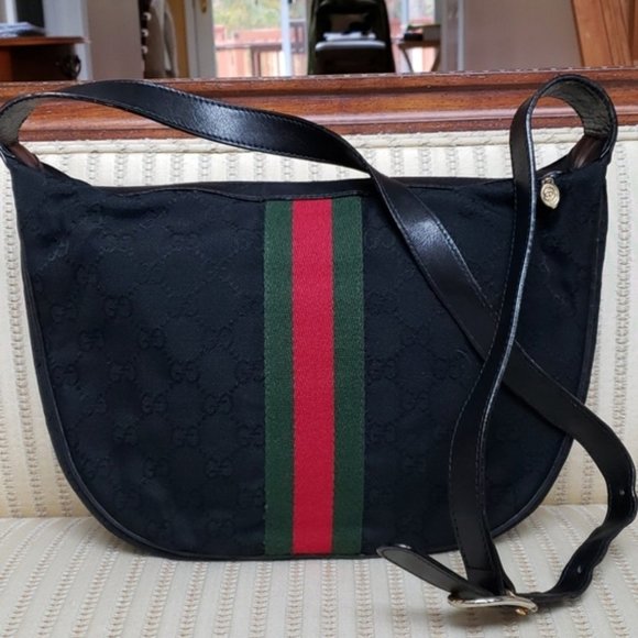 GUCCI GG WEB BLACK CANVAS STRIPE OPHIDIA SHOULDER BAG - Picture 5 of 6